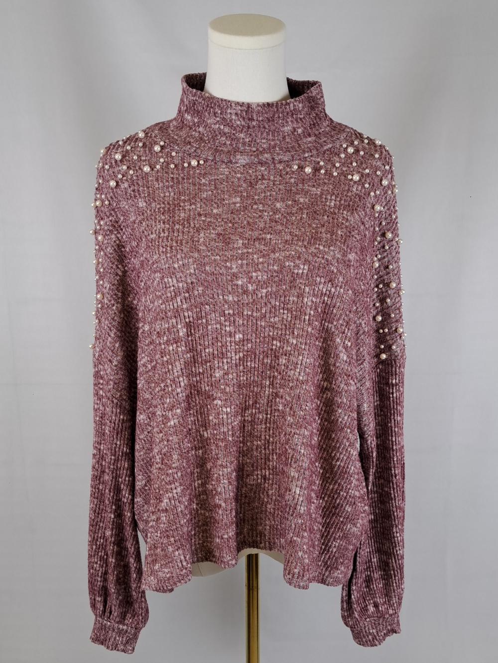 She + Sky Mauve Pearl Accent Chenille Turtleneck Sweater Coquette Soft Girl L